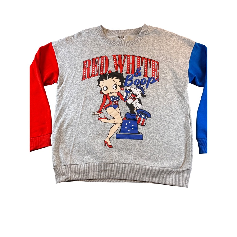 Betty Boop Red White & Boop Graphic Sweatshirt Gray Red Blue Colorblock Medium